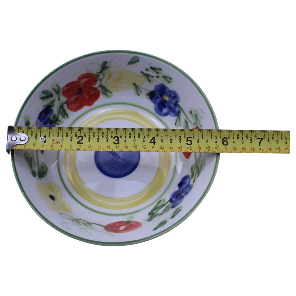 Gibson Designs Bountiful Coupe Cereal Bowl Yellow Band Blue Circle Floral